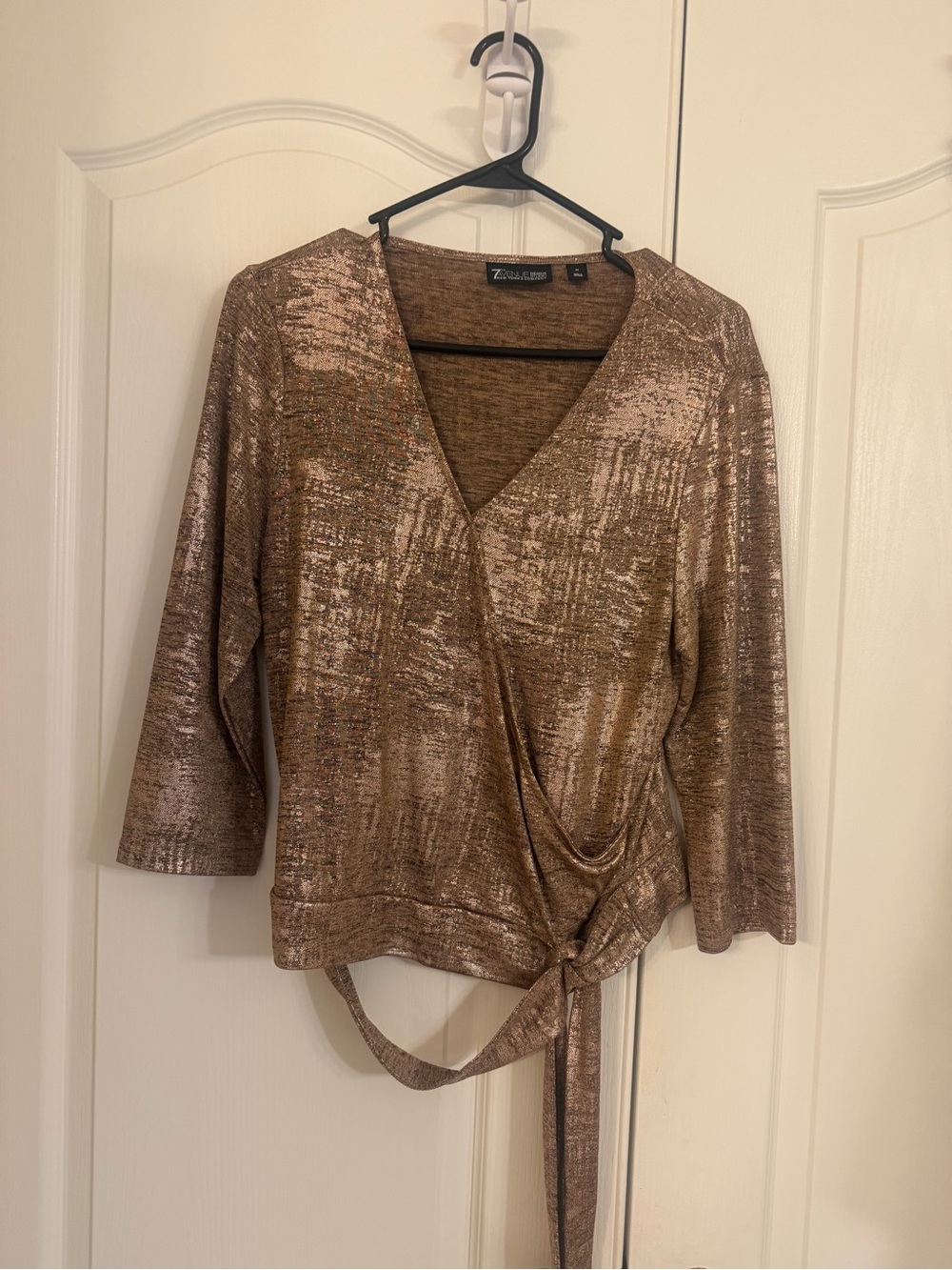 New York & Company Metallic Bronze Wrap Tie Blouse